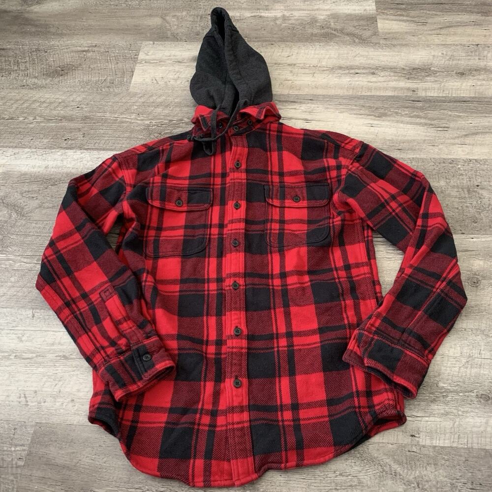 AE American Eagle Hooded Flannel Shirt Mens XS Red Black Plaid Removable Hood